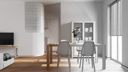 Architect interior designer concept: hand-drawn draft unfinished project that becomes real, minimal dining and living room. Glass block wall over kitchen. Scandinavian style