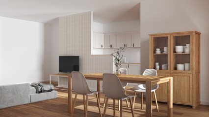 Modern scandinavian dining and living room in white tones. Wooden table with chairs, partition wall over kitchen. Cabinets and sofa. Minimal interior design