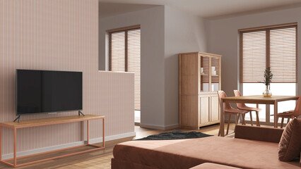 Minimal living and dining room in white and orange tones. Velvet sofa, wooden table with chairs, cabinets and partition wall. Scandinavian interior design