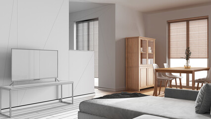 Architect interior designer concept: hand-drawn draft unfinished project that becomes real, minimal living and dining room. Sofa, table and partition wall. Scandinavian style