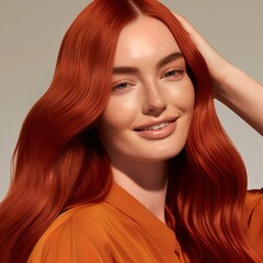 Fototapeta premium Gorgeous redhead woman with amazing hair. Great for articles about beauty, hair fashion, salon, cosmetics, skin care, hair care, hair products, fashion, trends, grooming etc.