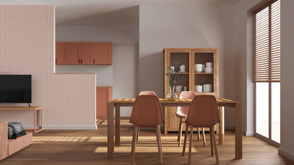 Minimal dining and living room in white and orange tones. Wooden table with chairs, partition wall with wallpaper over japandi kitchen. Scandinavian modern interior design