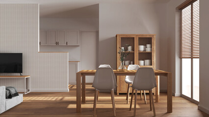 Minimal dining and living room in white tones. Wooden table with chairs, partition wall with wallpaper over japandi kitchen. Scandinavian modern interior design