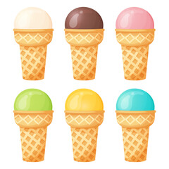Different color ice cream balls in a waffle cup set.