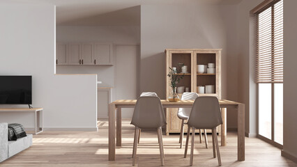 Minimal dining and living room in white tones. Bleached wooden table with chairs, partition wall over japandi kitchen. Scandinavian modern interior design