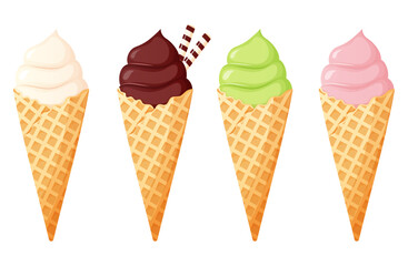 Different flavors ice cream cone