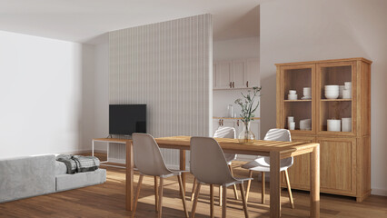 Scandinavian wooden dining and living room in white tones. Table with chairs, partition wall over kitchen. Cabinets and decors. Minimal interior design