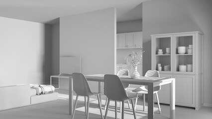 Total white project draft, scandinavian wooden dining and living room. Table with chairs, partition wall over kitchen. Cabinets and decors. Minimal interior design