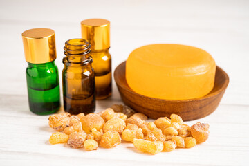 Frankincense or olibanum aromatic resin and soap for used in incense and perfumes.