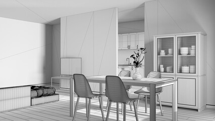 Fototapeta na wymiar Blueprint unfinished project draft, scandinavian wooden dining and living room. Table with chairs, partition wall over kitchen. Cabinets and decors. Minimal interior design