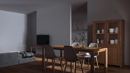 Naklejka na ściany i meble Dark late evening scene, scandinavian wooden dining and living room. Table with chairs, partition wall over kitchen. Cabinets and decors. Minimal interior design