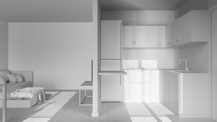 Total white project draft, modern wooden minimal kitchen and living room. Partition wall over cabinets and appliances. Lounge and parquet floor. Japandi interior design