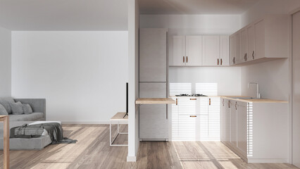 Modern bleached wooden minimal kitchen and living room in white tones. Partition wall over cabinets and appliances. Lounge and parquet floor. Japandi interior design