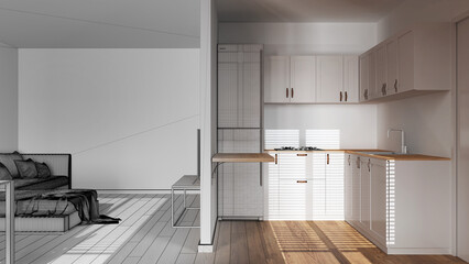 Architect interior designer concept: hand-drawn draft unfinished project that becomes real, modern wooden minimal kitchen and living room. Partition wall over cabinets