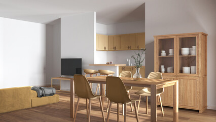 Fototapeta premium Modern scandinavian dining and living room in white and yellow tones. Wooden table with chairs, island with stools. Partition wall over kitchen. Minimal interior design