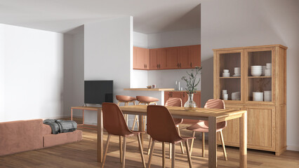 Modern scandinavian dining and living room in white and orange tones. Wooden table with chairs, island with stools. Partition wall over kitchen. Minimal interior design