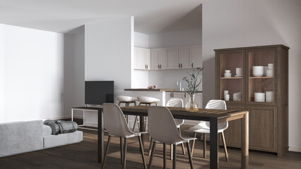 Modern scandinavian dining and living room in white tones. Dark wooden table with chairs, island with stools. Partition wall over kitchen. Minimal interior design