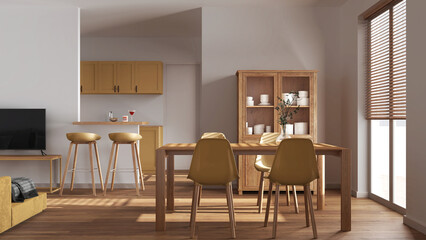 Minimal wooden dining and living room in white and yellow tones. Scandinavian table with chairs, partition wall with island and stools over japandi kitchen. Modern interior design