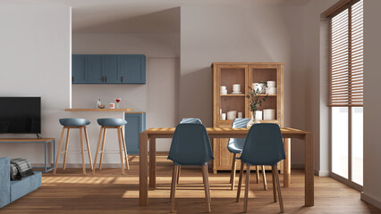 Minimal wooden dining and living room in white and blue tones. Scandinavian table with chairs, partition wall with island and stools over japandi kitchen. Modern interior design