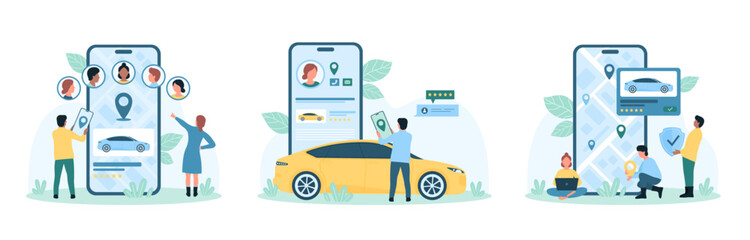 Rent and share car set vector illustration. Cartoon tiny people holding mobile phone, insurance shield and navigation pin, using carsharing application, remote vehicle rental and taxi service app