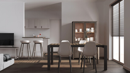 Minimal dark wooden dining and living room in white tones. Scandinavian table with chairs, partition wall with island and stools over japandi kitchen. Modern interior design