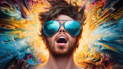 Abstract of a bearded man with large aviator style sunglass with mouth open in amazement and an organic yellow explosion of energy behind him.