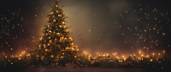 Naklejka premium Christmas tree with lights, dark background, romantic