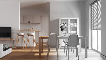 Architect interior designer concept: hand-drawn draft unfinished project that becomes real, minimal wooden dining and living room. Partition wall with island and stools over kitchen