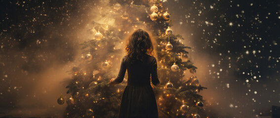 Fototapeta na wymiar Woman standing in front of Christmas Tree