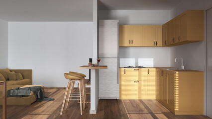 Modern wooden kitchen and living room in white and yellow tones. Partition wall over cabinets, island with stools. Sofa and parquet floor. Minimal wooden interior design