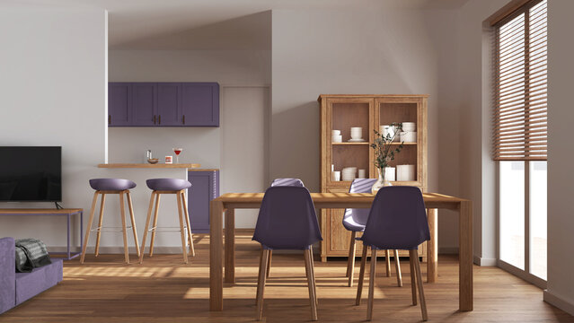 Minimal wooden dining and living room in white and purple tones. Scandinavian table with chairs, partition wall with island and stools over japandi kitchen. Modern interior design