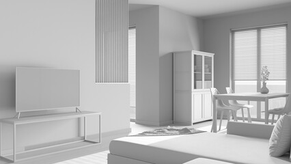 Total white project draft, minimal wooden dining and living room. Velvet sofa, partition wall and television stand. Cabinets and table. Scandinavian interior design