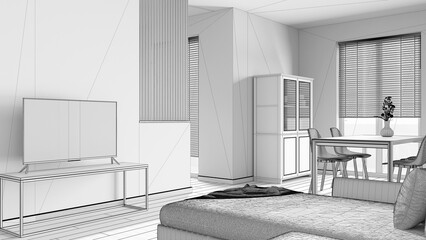 Blueprint unfinished project draft, minimal wooden dining and living room. Velvet sofa, partition wall and television stand. Cabinets and table. Scandinavian interior design