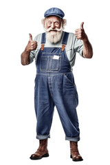 Man in dungarees gives thumbs up