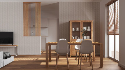 Scandinavian wooden dining and living room in white tones. Table with chairs, partition wall over modern kitchen. Parquet floor and decors. Minimal interior design