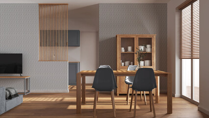 Scandinavian wooden dining and living room in white and gray tones. Table with chairs, partition wall over modern kitchen. Parquet floor and decors. Minimal interior design