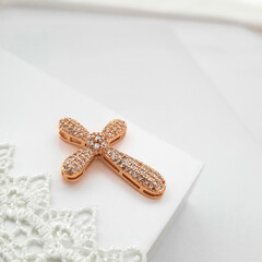 Christian Cross Pendant Jewelry with White Lace on White Background for Wedding Invitation First...