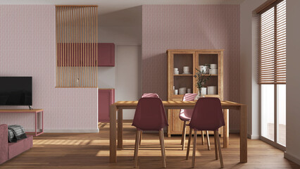 Scandinavian wooden dining and living room in white and red tones. Table with chairs, partition wall over modern kitchen. Parquet floor and decors. Minimal interior design