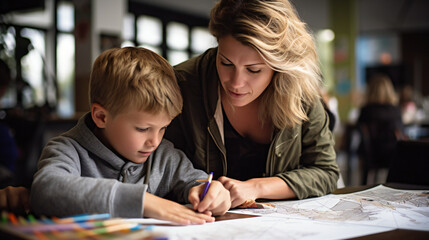 Mother and Son drawing coloring together