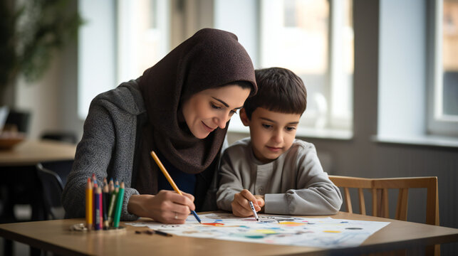 Mother wearing niqab, teaching her Son, book, desk, school, preschool, toddler