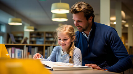 Father, Teacher and Daughter, Student reading Book together in Library, Office
