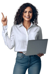 A woman in a white shirt is holding a laptop and points upwards