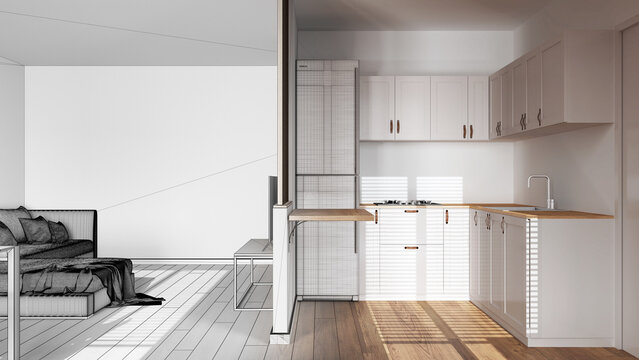 Architect interior designer concept: hand-drawn draft unfinished project that becomes real, modern kitchen and living room. Partition wall, cabinets and shelf. Minimal style
