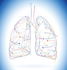 The illustration of various colored stripes and dots arranged to form the shape of a human lung gives it a modern, dynamic, moderately technological feel. Used in medicine and industry.