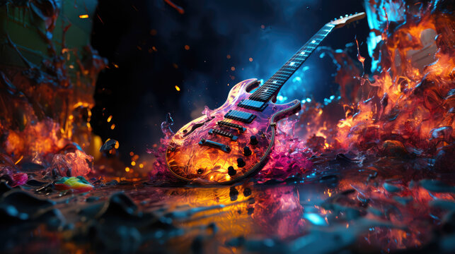 Guitar with colourful abstract ethereal energy radiating from it.