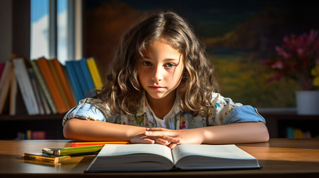 Sweet, young Girl reading Book, looking at Camera, Portrait