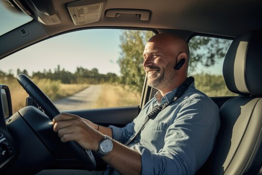 Man driving a car using navigator and talking device, AI Generative