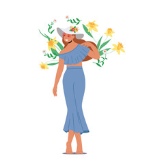 Female Character In Hat, Long Blue Skirt And Top. Gorgeous Woman Adorned In Vibrant Summer Outfits, Vector Illustration
