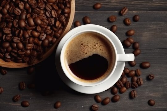 a cup of coffee on the table with the coffee beans