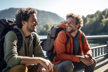 Two friends hiking in mountains, talking and laughing. AI Generative